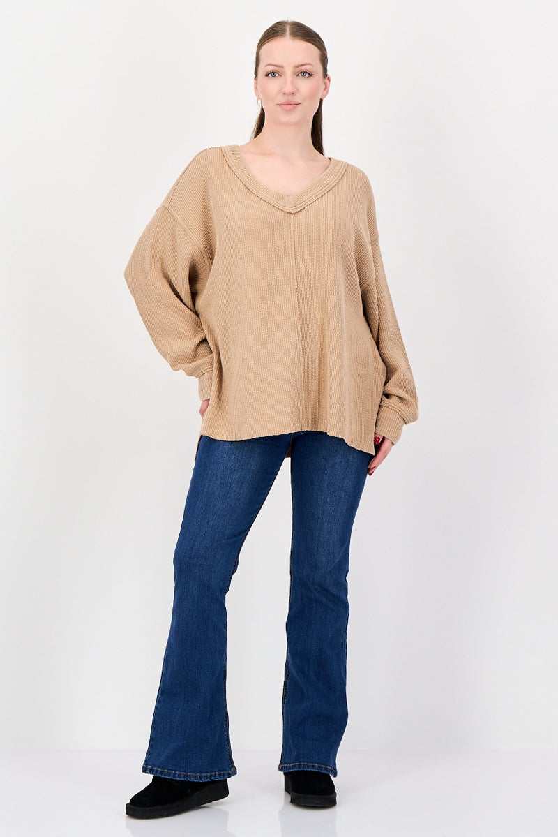 Aerie Women V-Neck Knitted Sweater, Tan - Image 4